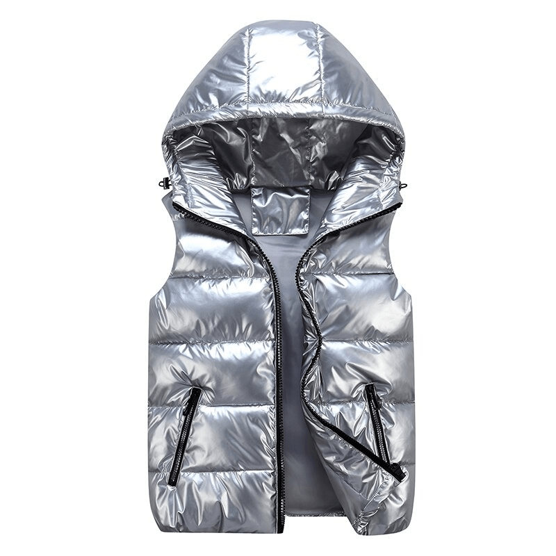 Women's warm short bright color hooded vest with zipper front and pockets, polyester and cotton blend, SF0061 fashion.